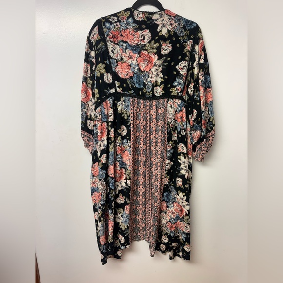 Angie Black Floral Long Kimono Robe Open Front Duster 1X Resort Boho Beach Z - Picture 2 of 7